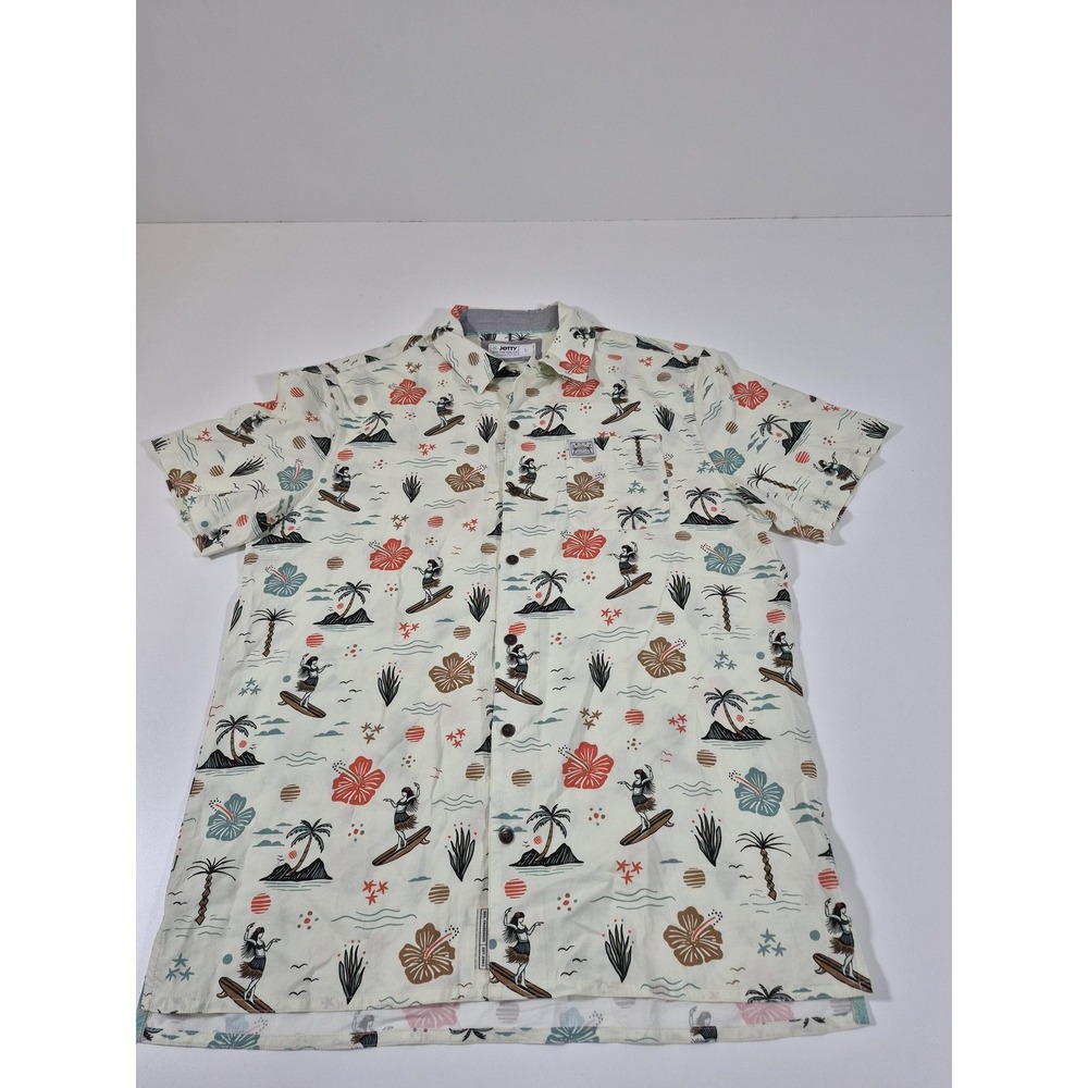 Jetty Shirt Mens L Multicolor Hawaiian Hula Print Surfer Short Sleeve Button Up